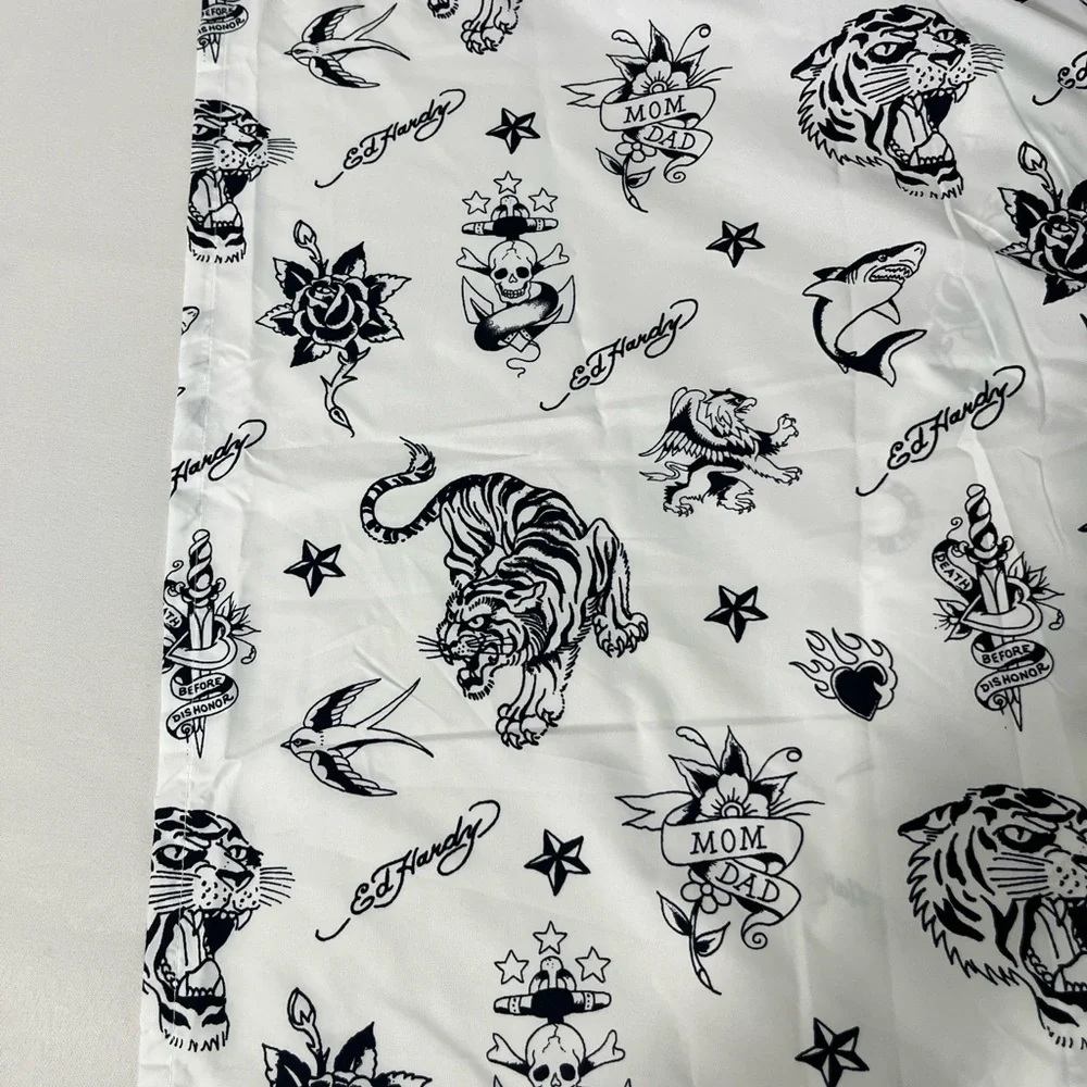 Ed Hardy Tattoo Design Microfiber Flat Sheet 80”x96” Full/Double Black White